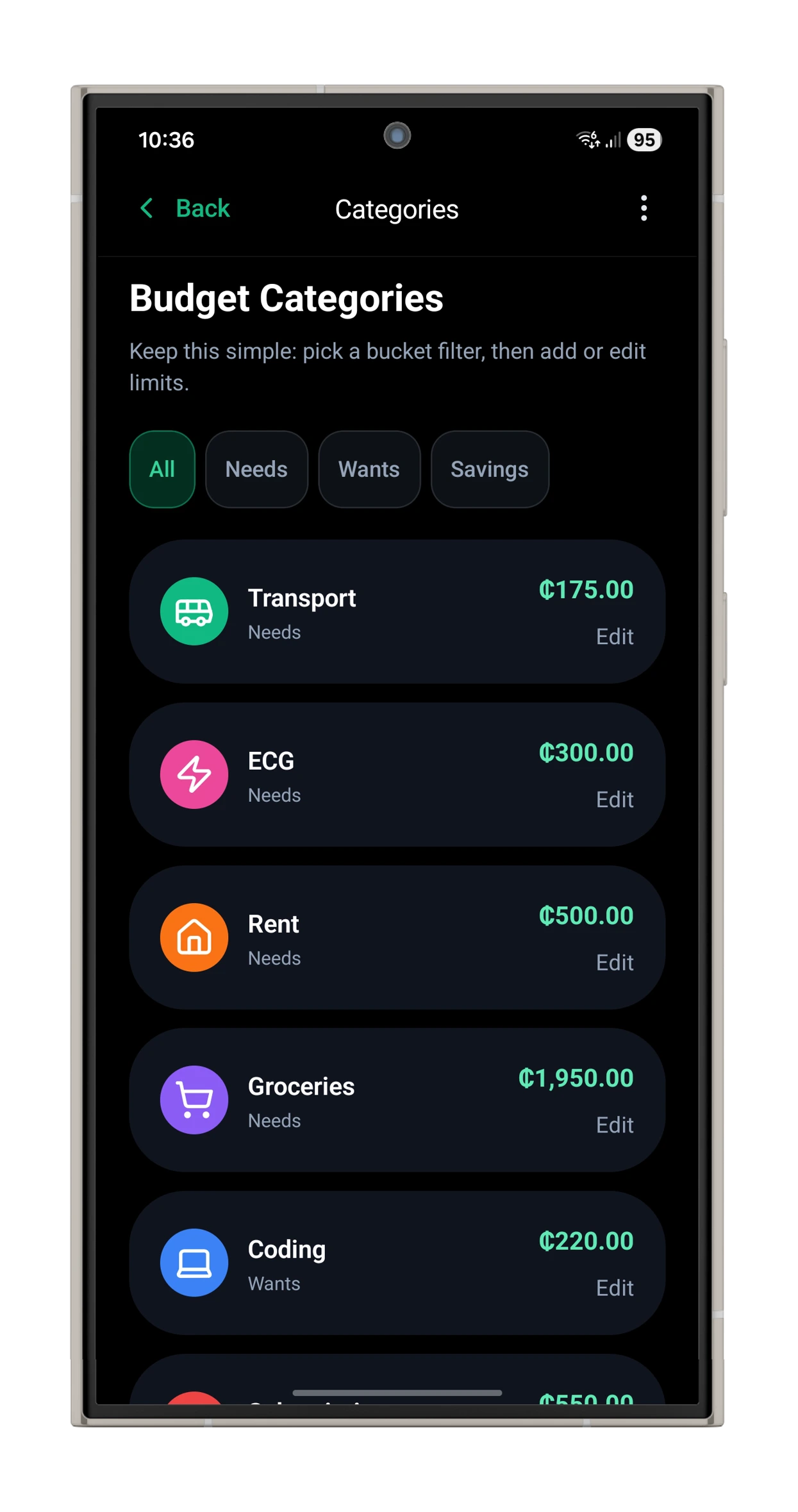 CediWise Smart Budgeting feature screenshot