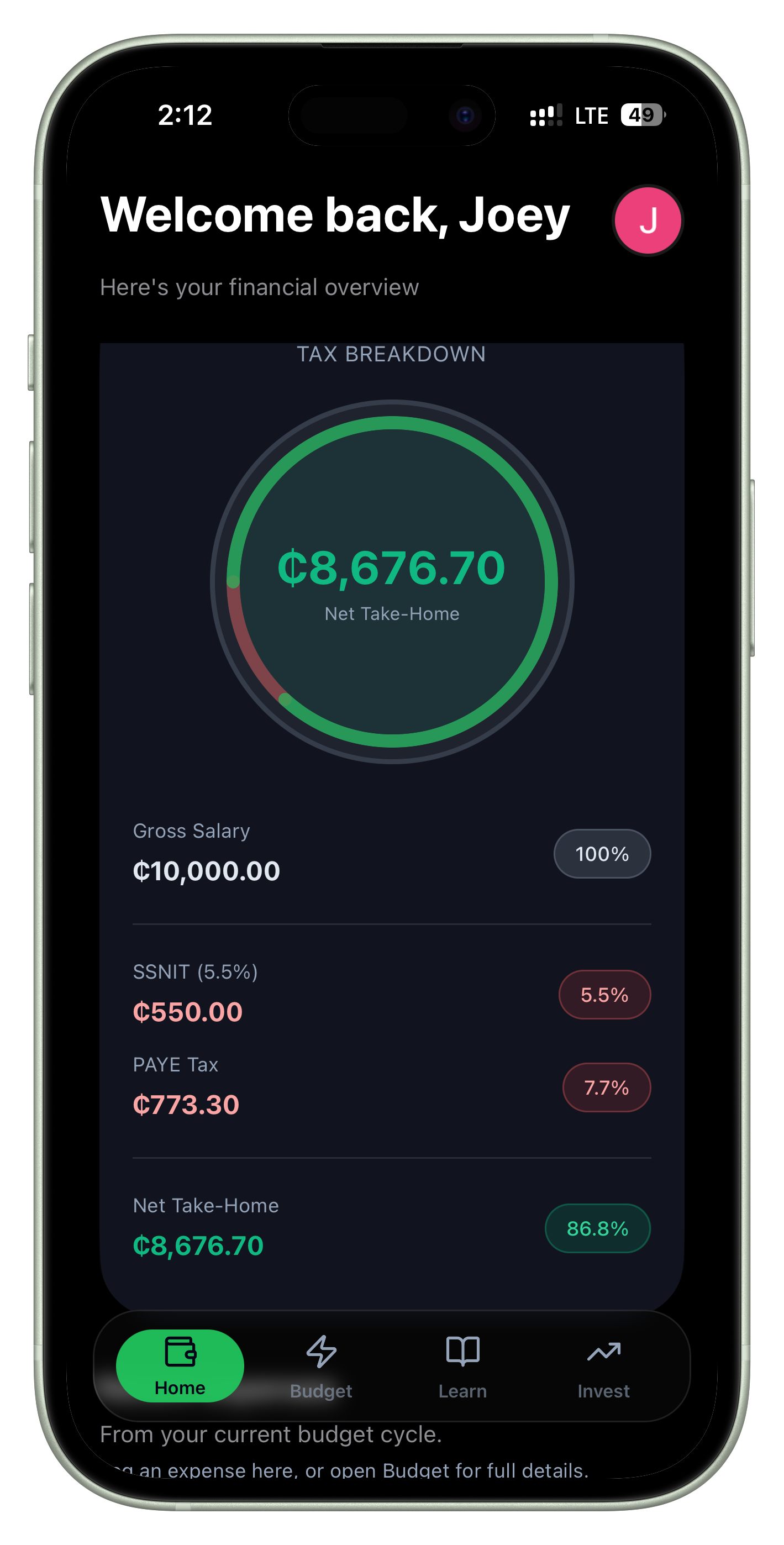 CediWise Smart Budgeting feature screenshot